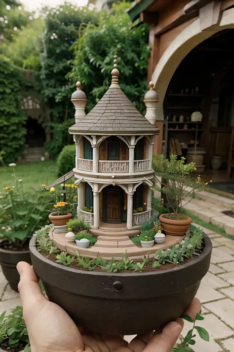 miniature handmade clay Rivendell city in the lord of the ring ,ghibli style in a small plant pot