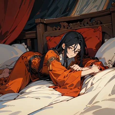 Red costume，antiquity，handsome guy，long black hair，lie down，Large carved bed bed，curtain，individual