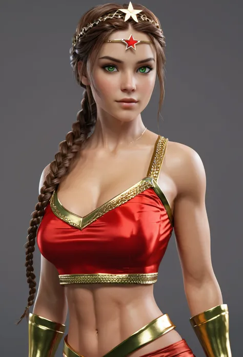 Realistic (sexy beautiful female superhero ,(green eyes) (, brown hair, long braided French braid, red sleeveless crop shirt, with a golden Star, midriff wears (a golden tiara with a red gem on forehead) , golden bracelets, long red boots, and small red sh...