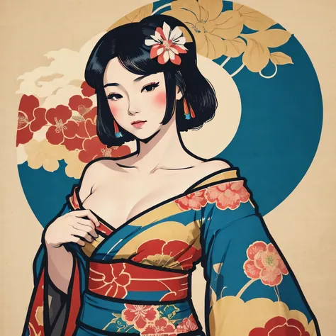 art vintage japonais, conception de t-shirts, art vectoriel, art plat:1,4. \\ (japonaise, en kimono, best quality, art officiel,...