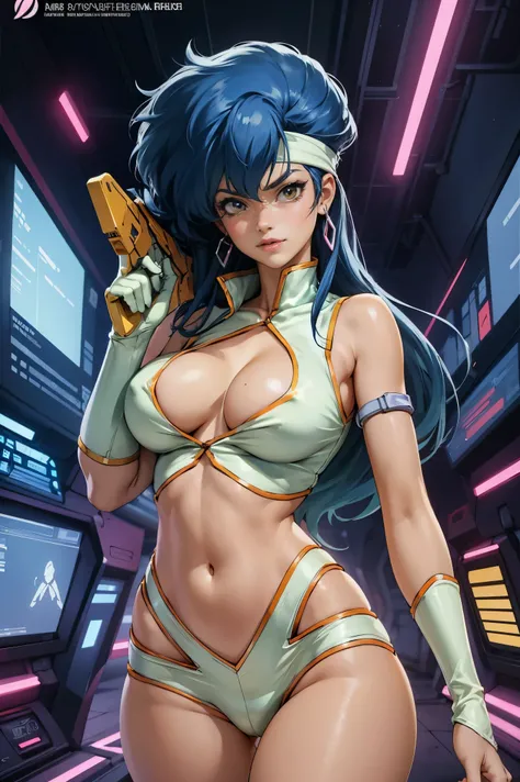 Yuri from The Dirty Pair, , wearing a tight outfit, skimpy, medium breast, (long hair), dark blue hair, beauty, cyberpunk city background, holding retro space-gun, cleavage, slim waist, slim thighs, thigh gap, (light yellow uniform), show belly