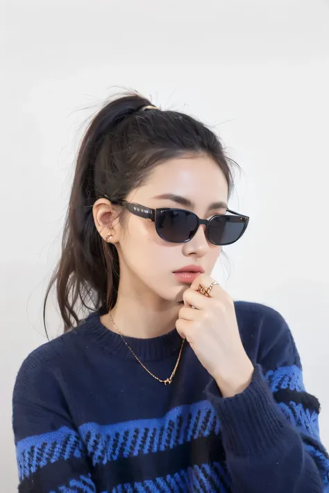 arafed woman Wear sunglasses and a blue sweater with a gold chain, Comes with sunglasses, Comes with sunglasseses, Wearing black-rimmed glasses, implant sunglasses, Thick sunglasses, digital sunglasses, Wearing navigator-shaped glasses, Wearing cool sungla...