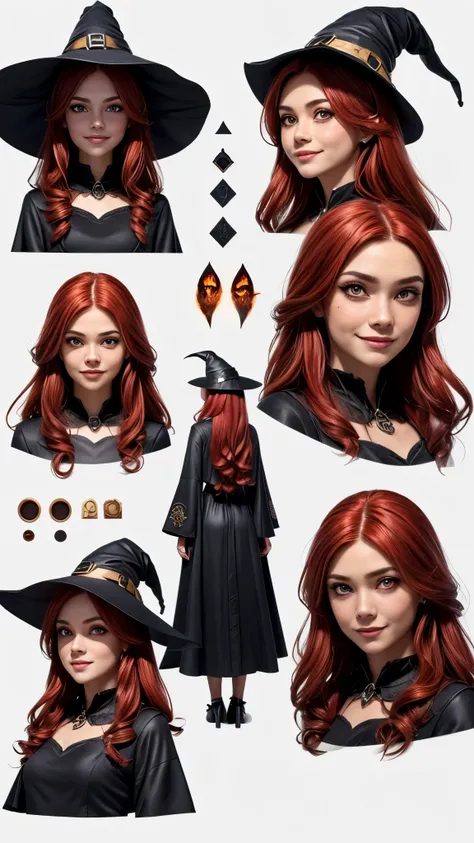 (Masterpiece, best quality), detailed, ((character concept art)), ((character design sheet, same character, front, side, back)), many items, (1woman, female, black long dress, witch hat, witch dress cloth, fire magic, mage of fire, many parts), (ruddy skin...