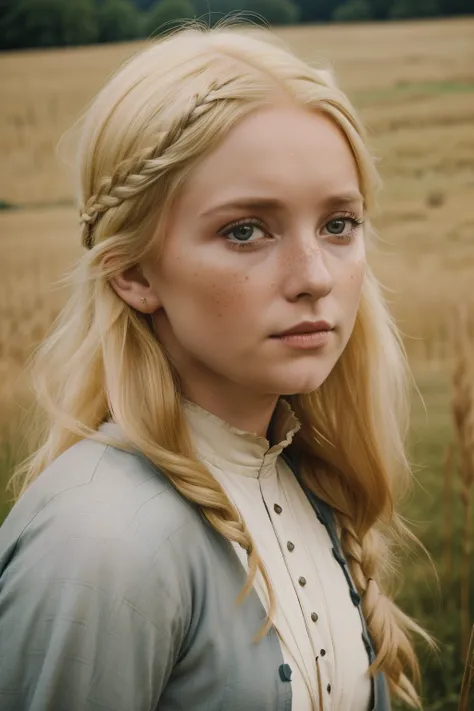 England, 1349. A young ((((30-year-old)) Gwenda)), strong, rustic, freckles all over her face, in a farm field, ((scared and pleading expression)). ((((clothings from the 1340s)))), ((blond hairstyle of the 1340s))