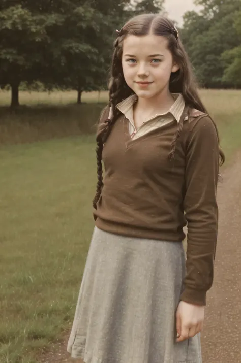 Countryside England, 1940. ((((18-year-old)) Susan Pevensie)). ((((casual girl clothings from the 1940s)))), ((dark hairstyle of the 1940s))