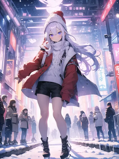 ice skating、snow、outdoor、look up at the sky、red coat、white knit、knit hat、Black tight shorts、Purpleの混色髪色、surreal japanese portrait,Works それ influenced Antonio Lopez&#39;technology, Close zipper, perfect lighting, (perfect hands, perfect anatomy)、outstanding...