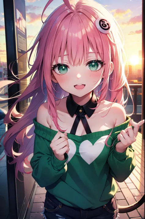 lara deviluke, lara deviluke, long hair, pink hair, tail, ahoge, bangs, hair ornaments, (green eyes:1.5), happy smile, smile, op...