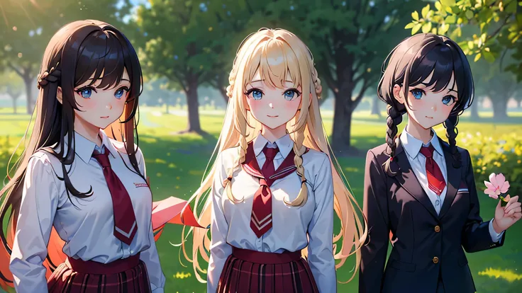 perfect anatomy, masterpiece:1.2, best quality, 8k, beautiful detailed grow, daydreaming expression, upper body (Stand together side by side 3 girls, cute triplet:1.3 girls, Braid hair semi-long hair 14 yo) in a school blazer, skirt, best smile, Different ...