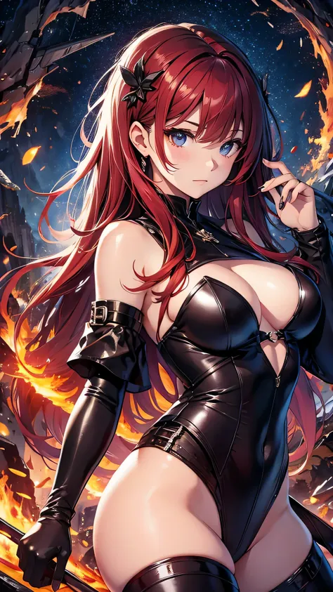 最high quality、best image quality、masterpiece、girl((20-year-old、 By becoming、vest bust、medium bust,wide open breast tea、shining eyes, glowing red hair、long hair、thin,highest valley、black and red suit、Wristband、black gloves、hero pose、inflammation from hands)...