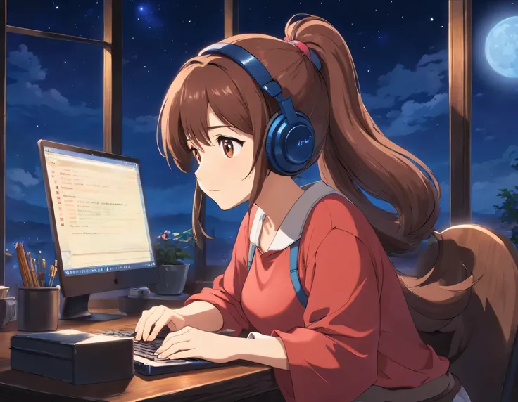 Brown haired woman with headphones sitting at desk with laptop, ponytail hair、anime style 4 k, anime. soft lighting, Nightcore, best anime 4k konachan wallpaper, anime art wallpaper 4 k, anime art wallpaper 8 k, anime art wallpaper 4k, 4k anime wallpaper, ...