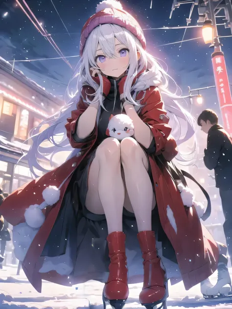 ice skating、snow、outdoor、look up at the sky、red coat、white knit、knit hat、black tight shorts、purple mixed hair color、surreal japa...