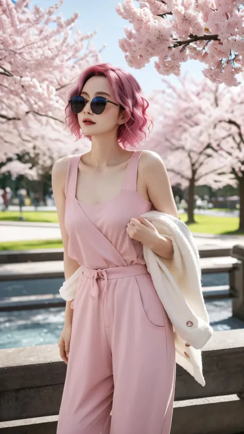 In a vibrant spring park, a Chinese woman captures the essence of contemporary style with her distinctively colored and styled hair. Her short hair is dyed a lively shade of pink, reflecting a bold and modern aesthetic. The ends of her hair are softly curl...