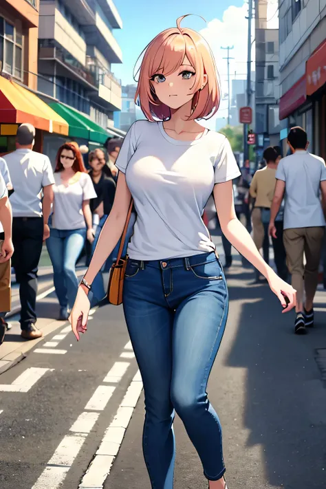 perfect world cartoon characters，yanagijin，wearing jeans，white t-shirt，sexy，hd，hdr，the background is a busy street，sunny