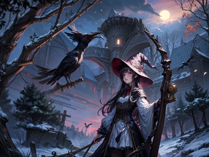 Anime girl in a witch costume standing in the forest with crows flying overhead, witch fairytale, anime fantasy artwork, Castlevania Witch, anime art wallpaper 4k, anime art wallpaper 4k, anime fantasy illustration, anime art wallpaper 8k, Witch girl, sky ...