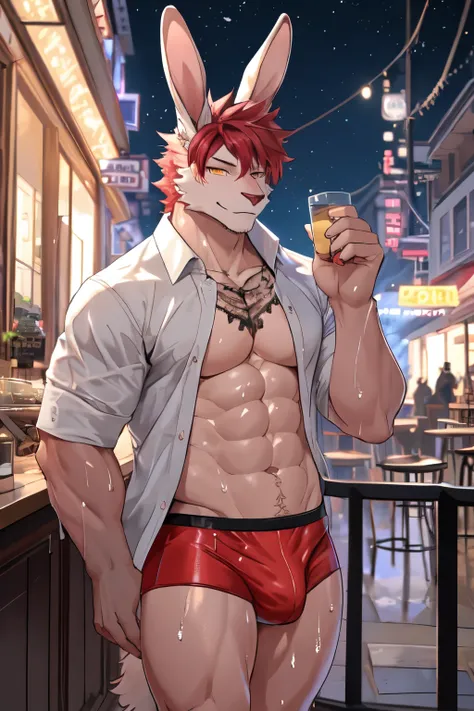 ((best quality)), ((masterpiece)), (detailed), perfect face, bara furry, rabbit man, big body, pink skin, short jackson wang red hair, yellow eyes, perfect eyes, long rabbit ears, wet body, handsome, at cafe, night background, opened shirt, red underwear