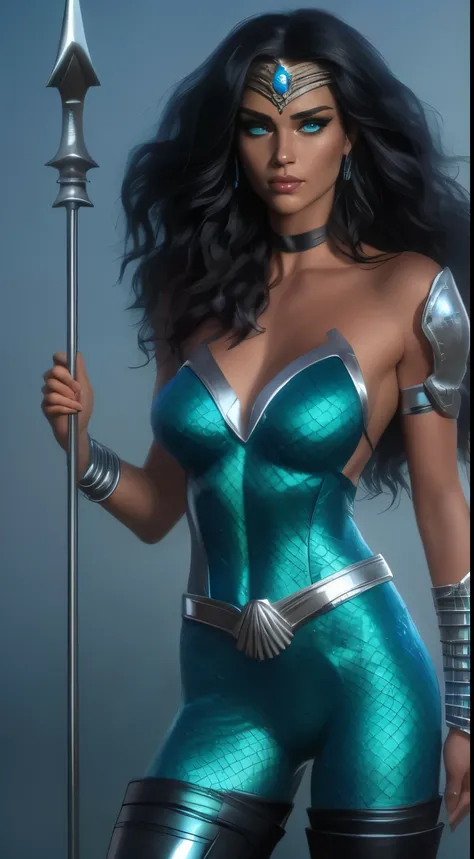 ( Masterpiece, 4k resolution, ultra-realistic, very detailed) A beautiful sexy female superhero who is a demigoddess , blue/green eyes and long dark  hair.  , she wears a silver tiara on forehead , She wears a blue outfit with a fish scale like texture sle...