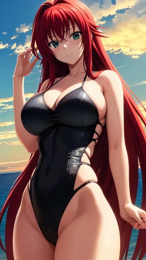 rias, 1girl, solo, long_hair, breasts, 
red hair, long hair, black swimsuit, (((big neckline)), large breasts, standing, ocean backoground, sunset, high contrast, 4K, upscale, looking at the viewer from below