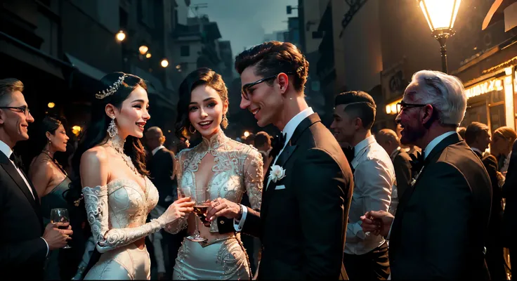 A lively photorealistic scene of a charity party, imbued with sincere emotions and humanity. Elegant high society ladies in luxurious evening gowns of various bright colors, their faces lit up with broad smiles and shining eyes expressing joy and enthusias...