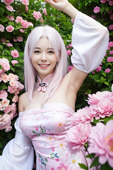 (realistic, highest quality: 1.4),(woman,smile(pink and white hair)),((Show your armpits)open your legs)(cheongsam),(garden,colorful flowers)
