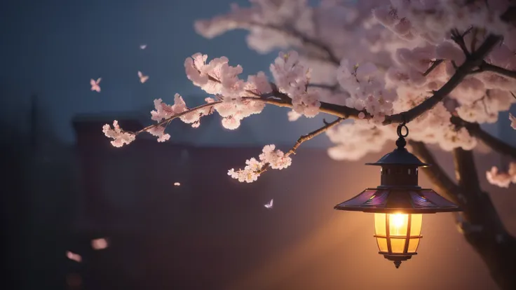 Cherry tree、cherry blossom branch、Cherry Blossom、tree break production art, (warm light source: 1.2), (firefly: 1.2), lamp, purple and orange, intricate details, Volume lighting BREAK (masterpiece: 1.2), (highest quality ), 4k, Super detailed, (moving comp...