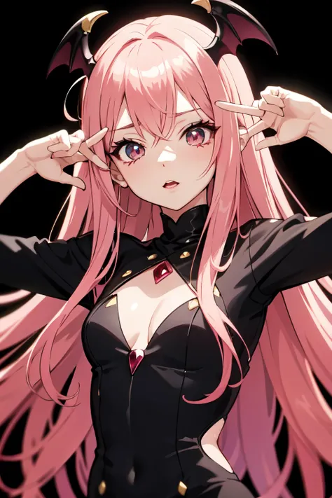 ((anime)), ((Mejor calidad)), ((obra maestra)), (detallado), cara perfecta, ojos color rojo intenso, pelo rosa, pink, pelo liso, dos coletas delanteras, vampira, vtuber, friki