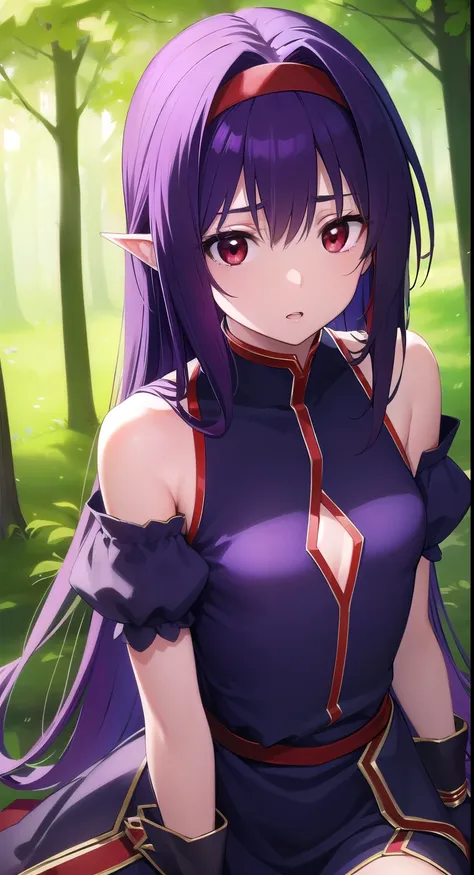 yuukikonno, Yuki Konno, hair band, long hair, pointed ears, purple hair, (red eyes:1.5), (small breasts:1.2), open your mouth,
break black Thighhighs, removed sleeve, Thighhighs, dress, purple dress, armor, purple armor,
break looking at viewer, Upper body...