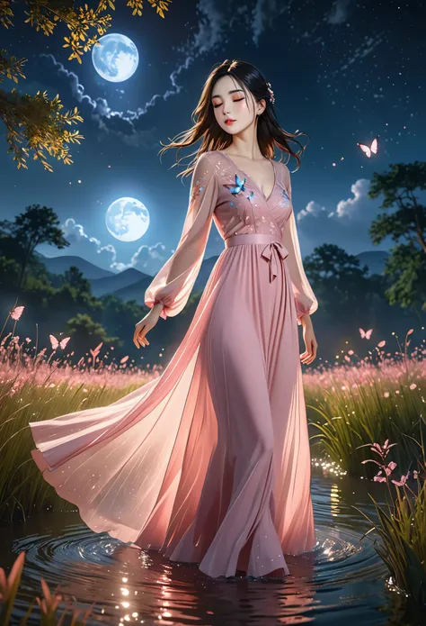 gloomingdress,1girl(Eyes(Deep amber,closed eyes,crystal clear,long and delicate eyelashes),Nose(Elevated,a slightly upturned nose tip),Lips(Rosy color,defined lip line),Hairstyle(Black hair,smooth and shiny,slightly wavy at the ends),Skin(Fair,blemish-free...