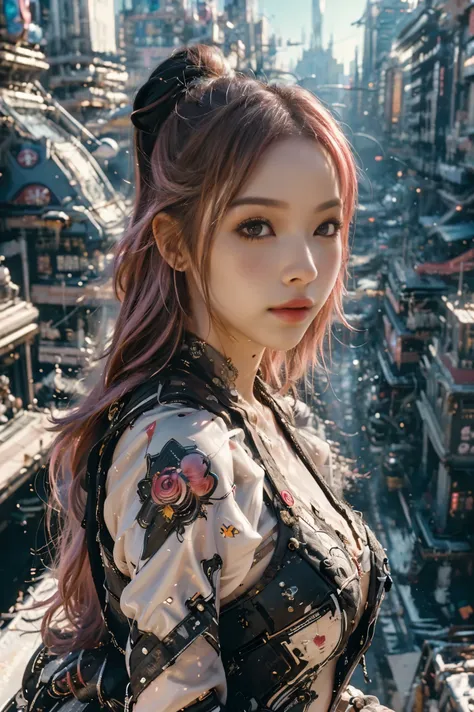 (Super detailed, masterpiece:1.2), extremely detailed artwork, best quality, high resolution, surreal:1.37, attractive girl,long pink hair， amazing leap, background urban cityscape