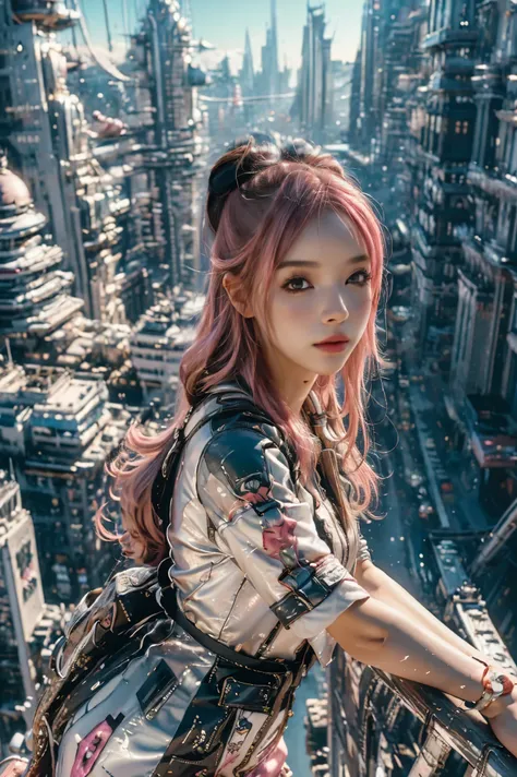 (Super detailed, masterpiece:1.2), extremely detailed artwork, best quality, high resolution, surreal:1.37, attractive girl,long pink hair， amazing leap, background urban cityscape