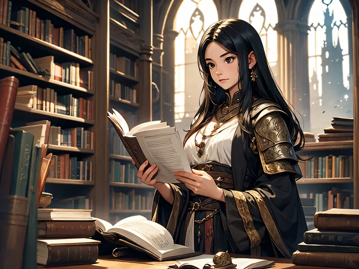 a girl with long black hair in library with many books, medieval, fantasy theme