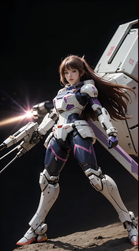 RAW, Masterpiece, Ultra Fine Photo,, Best Quality, Ultra High Resolution, Photorealistic, Sunlight, Full Body Portrait, Stunningly Beautiful,, Dynamic Poses, Delicate Face, Vibrant Eyes, (Side View) a close up of a woman in a pink and white gundam custume,...