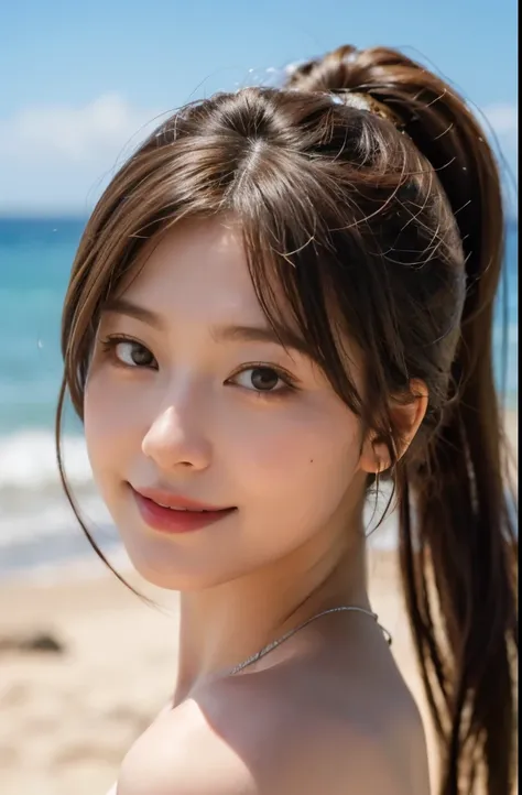 (masterpiece:1.2,highest quality),Shooting with a prime lens,blur the background,1 High school girl,(big breasts),((naked)),brown hair,ponytail,detailed and beautiful eyes,blushing face,healthy skin,looking at the viewer,Troublesome pose,smile,(beach),8K r...