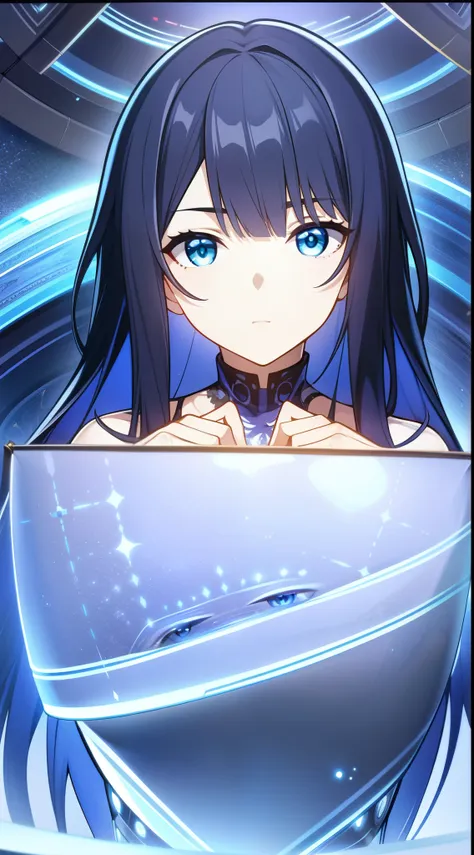 nagase_kotono, long hair, dark blue hair, blue eyes, black void background, black hole, standing, movie poster, visual novel cg ...