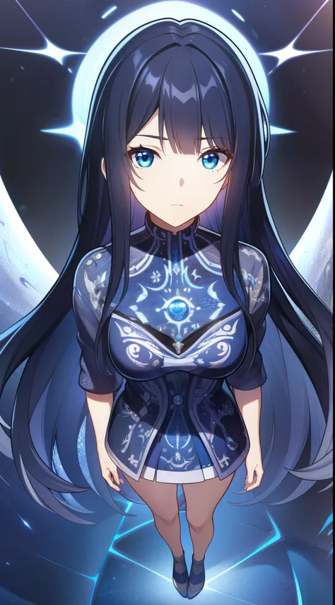 nagase_kotono, long hair, dark blue hair, blue eyes, black void background, black hole, standing, movie poster, visual novel cg ...