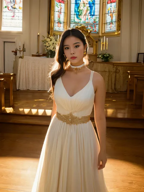 One Singaporean young woman, cute face, seductive, best quality, masterpiece, wearing choker, seductive V neck shirt mini hot wedding dress and sneakers, golden hour, detailed textures, long braded hair, beautiful thighs, Standing on floor, looking at came...