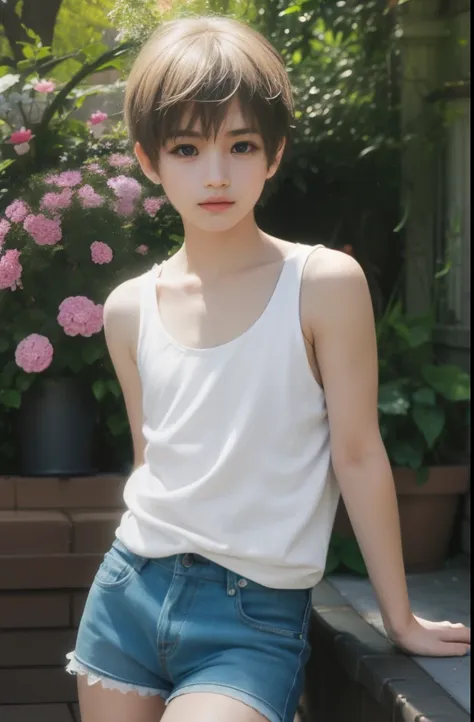 12-13 year old boy in beautiful garden, the boy is cute, kind, and has delicate eyes., enhance his beauty with blonde hair. his ...