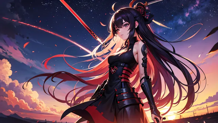 anime de samurai futurista no campo de batalha com sua armadura e katanas, mar de sangue ao redor do samurai, with purple aura behind and ash flying, fogo saindo da espada, espada vermelha com sangue, poder da alma, night sky, detalhado, corpo inteiro, per...