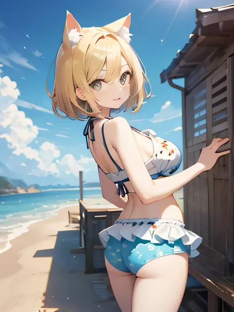 High resolution、(Cat ear)
one beautiful young woman、
(Soft saturation:1.3)、(pale skin:1.2)、
(very detailed background、detailed background)、Bokeh、
break,Portrait of a smiling girl, blonde,。Seen from the front、symmetrical configuration。
White swimsuit starin...