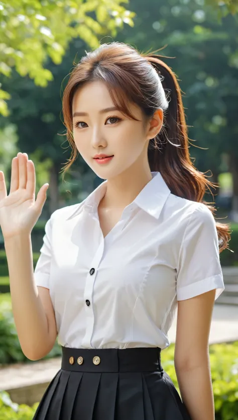 Close-up shot of beautiful korean female, 36 inch breasts size, ponytail , wearing white short sleeve shirt with bottons, black skirt, waving hand, in the university s garden, UHD