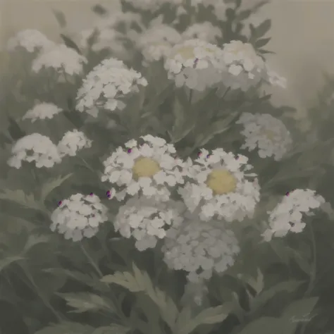 painting of a yarrow flower in the middle of a forest, high detail, masterpiece, soft brush strokes, vintage