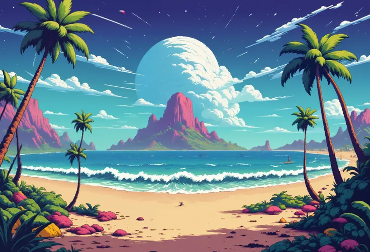 retro arcade style . 8-bit, pixelated, vibrant, classic video game, old school gaming, reminiscent of 80s and 90s arcade games Esper Battlemage Jason Limon deserted Beach brilliant weather