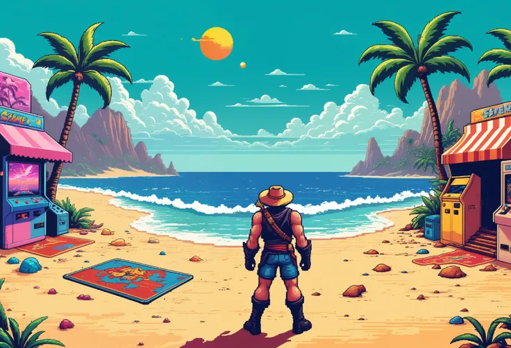 retro arcade style . 8-bit, pixelated, vibrant, classic video game, old school gaming, reminiscent of 80s and 90s arcade games Esper Battlemage Jason Limon deserted Beach brilliant weather