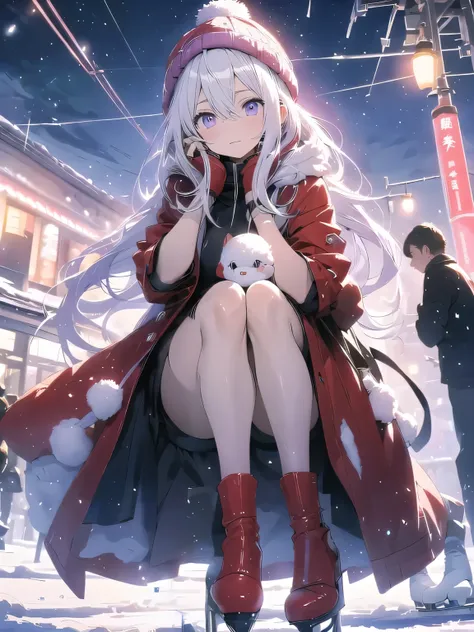 ice skating、snow、outdoor、look up at the sky、red coat、white knit、knit hat、black tight shorts、purple mixed hair color、surreal japa...