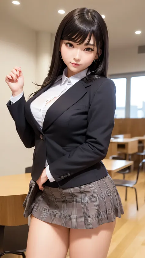 ((high quality)), ((table top)), (detailed face), (highlight), female、Big breasts、blunt bangs、black hair、plaid skirt、blazer、Are standing、photo shoot、solid color background、