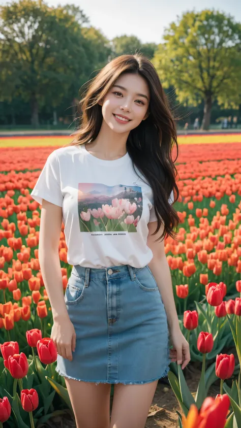 best quality, masterpiece, ultra high resolution, (realistic:1.4), RAW photos, 1 woman, t-shirt without text, skirt, Tulip field in full bloom, glowing skin, light smile,wavy long hair