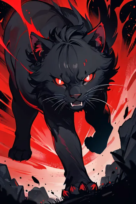 A black panther with glowing red eyes stalking through a dark forest, leaving a trail of red mist in its wake.