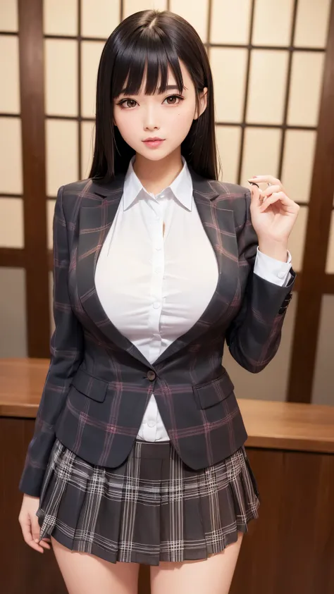 ((high quality)), ((table top)), (detailed face), (highlight), female、Big breasts、blunt bangs、black hair、plaid skirt、blazer、Are standing、photo shoot、solid color background、