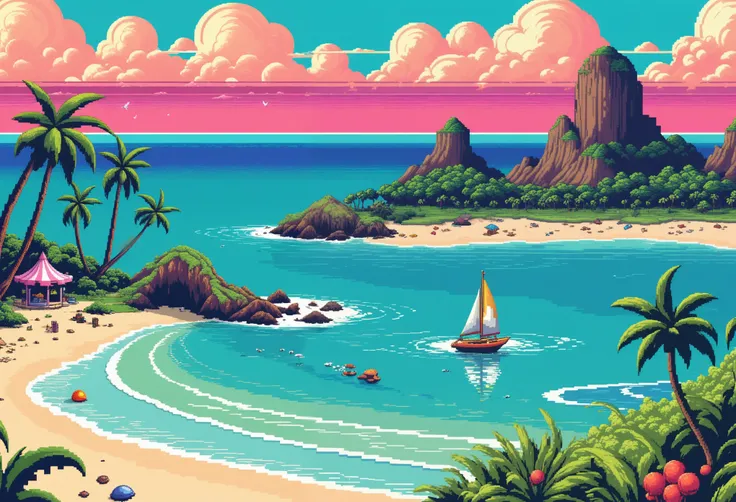 retro arcade style . 8-bit, pixelated, vibrant, classic video game, old school gaming, reminiscent of 80s and 90s arcade games Esper Battlemage Jason Limon deserted Beach brilliant weather