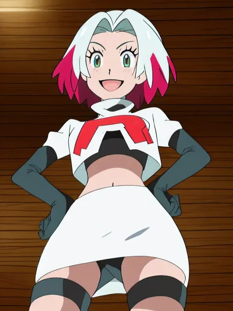 8k, masterpiece,highres, team rocket uniform, red letter r, white skirt,white crop top,black thigh-high boots, black elbow gloves, evil smile, looking down at viewer, hands on hips, cowboy shot, from below, black panties,pascal