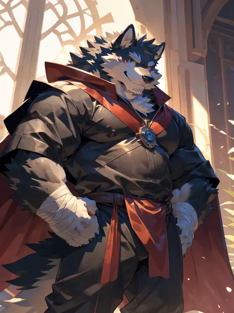 solo, ((fluffy fur, fluffy, furry body)), detailed fluffy fur, detailed face, detailed eyes, dynamic pose, (ultra detailed), sharp focus, niji, eyesgod, furry, (gray-black fur:1.5), white beard, anthro (wolf), male, middle-aged, white belly, (muscular), ((...